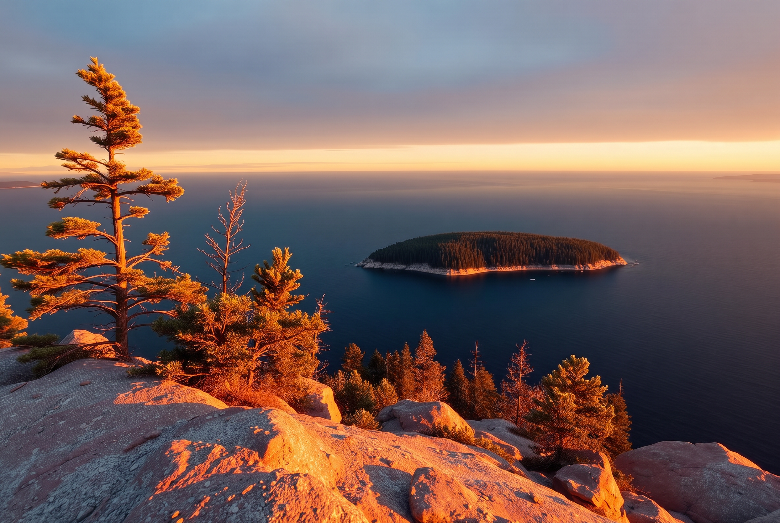 Georgian Bay at golden hour, pink granite and white pines above open water